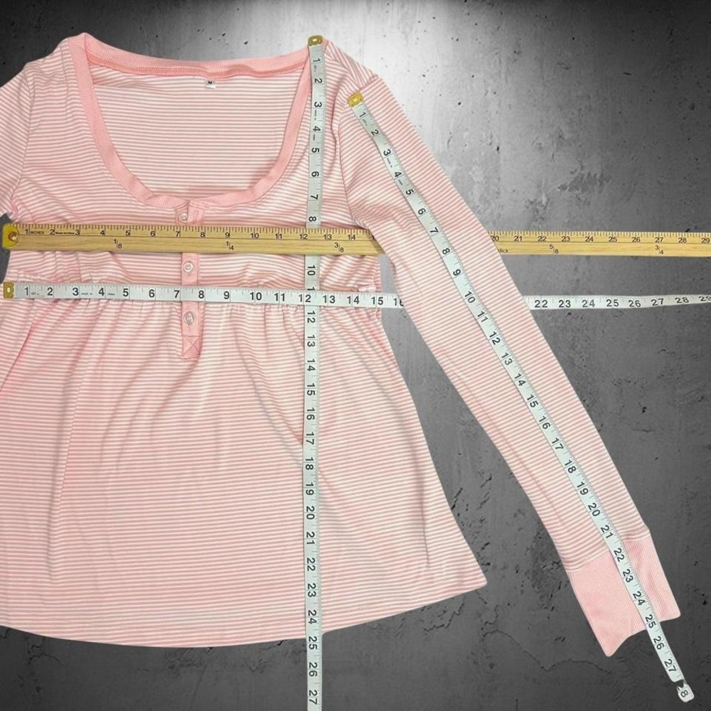 Pink Striped Empire Waist Henley Long Sleeve Button Detail Soft Stretchy Top M - Picture 8 of 8